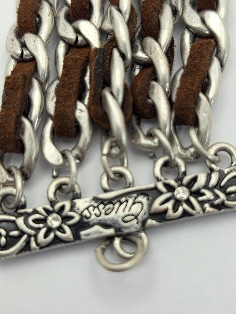 ​GUESS Silver Tone Multi Strand Wide Chain & Brown Suede Cuff Bracelet